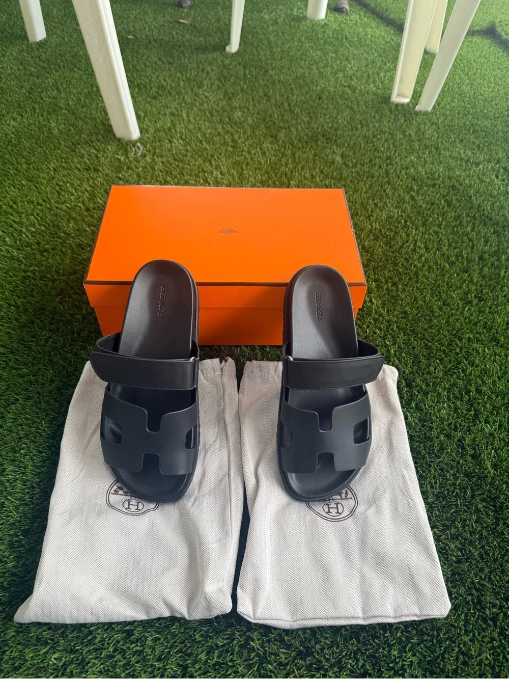 Hermes Black Oran Slide Sandals